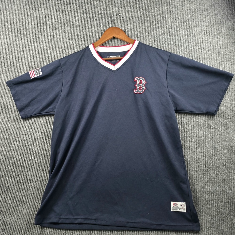 True Fan Boston Red Sox MLB V-Neck Baseball Jersey Navy Stars Stripes Mens Sz XL